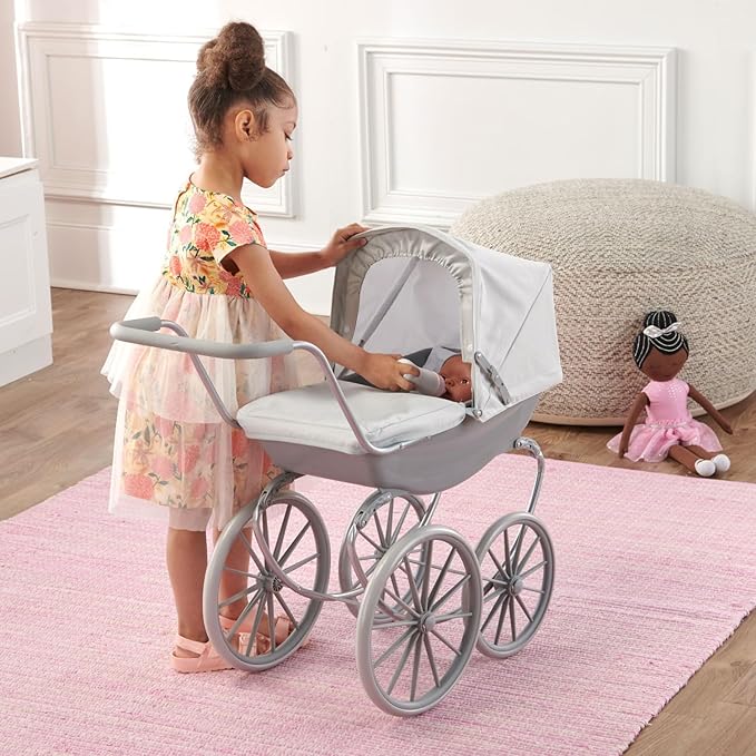 Badger Basket London Doll Stroller - Stylish Toy Stroller for 18 Inch Dolls - Adjustable Canopy, Sturdy Handle, Durable Design for Pretend Play and Doll Accessories - Gray