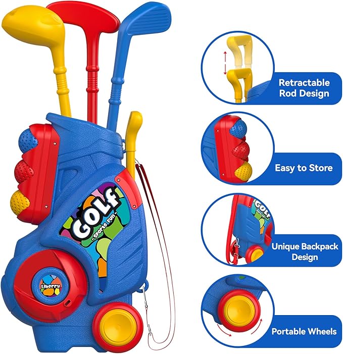 Liberry Toddler Golf Set with Putting Mat for 2 3 4 5 Years Old Boys Girls, Upgraded Kids Golf Cart with Unique Shoulder Strap Design, Indoor and Outdoor Golf Toys
