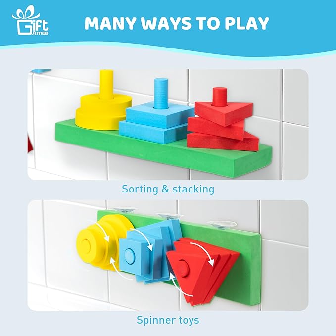 3-in-1 Bath Toys for Toddlers 1-3, Mold Free Foam Sorting & Stacking Sensory Toys - Suction Cup, Shape Color Size Learning Water Toy, Montessori Baby Bathtub Wall Toy for Kids Ages 1-3 2-4