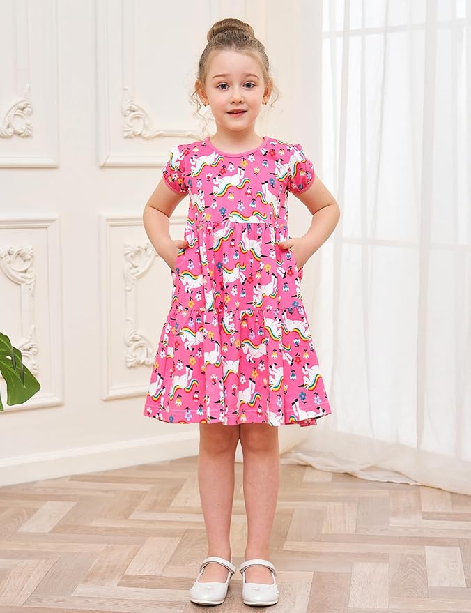 Bumeex Girl's Dresses Cotton Ruffle Sleeve Tiered Swing A-Line Cute Midi Casual Sundress