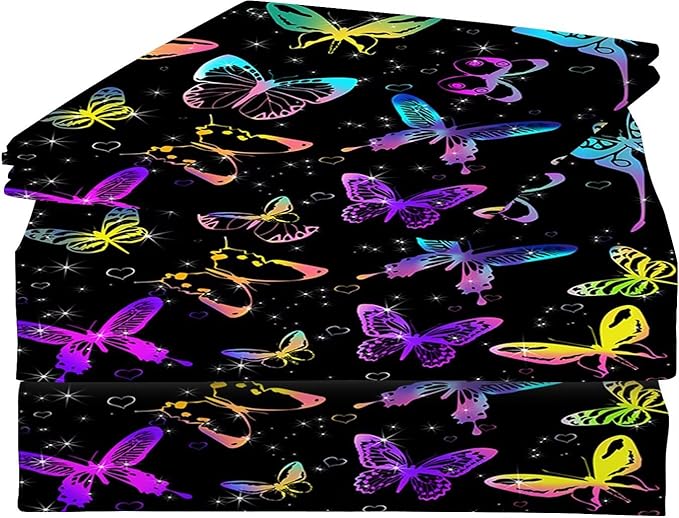 Kids Butterfly Sheets Set Queen for Girls Boys Room Decor Cute Microfiber Bed Sheets for Boys Girls Kids and Toddler, Bed in a Bag Packaged with 1 Fitted Sheet 1 Flat Sheet 2 Pillowcases