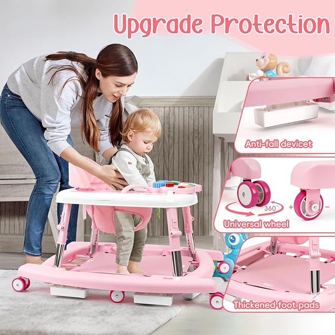 5-in-1 Music and Lights Baby Walker Foldable with 5 Adjustable Heights, Baby Walker with Wheels and Bouncer Combo Portable, Infant Toddler Walker for Baby Boy Girls 6-18 Months