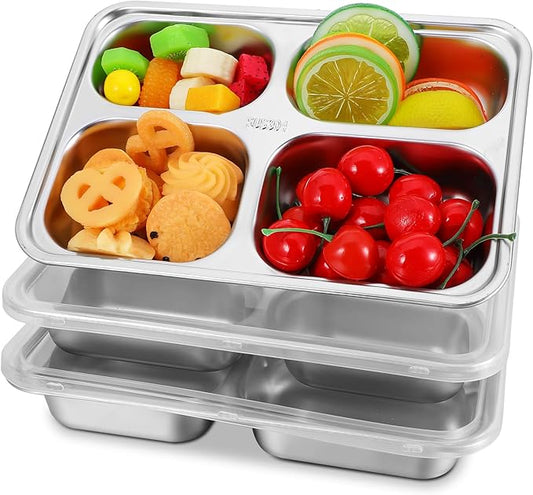 3Pcs Stainless Steel Snack Containers with Lids, 4 Compartments Bento Snack Boxes Reusable Metal Food Fruit Storage Prep Containers for School Home Travel