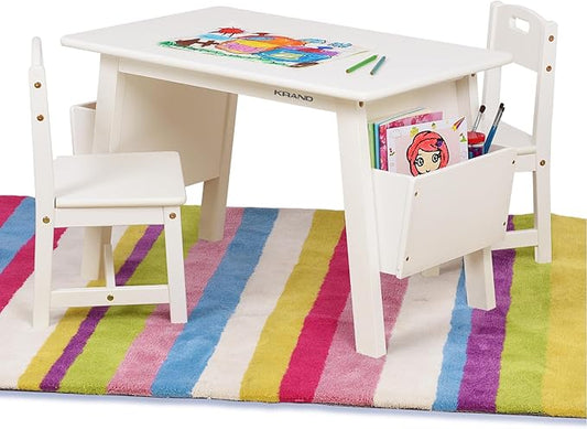 Kids Solid Wood Table and 2 Chair Set with Built-in Storage Cases Children's Storage Table and Chair Set for Toddlers Boys and Girls (Bianca White)