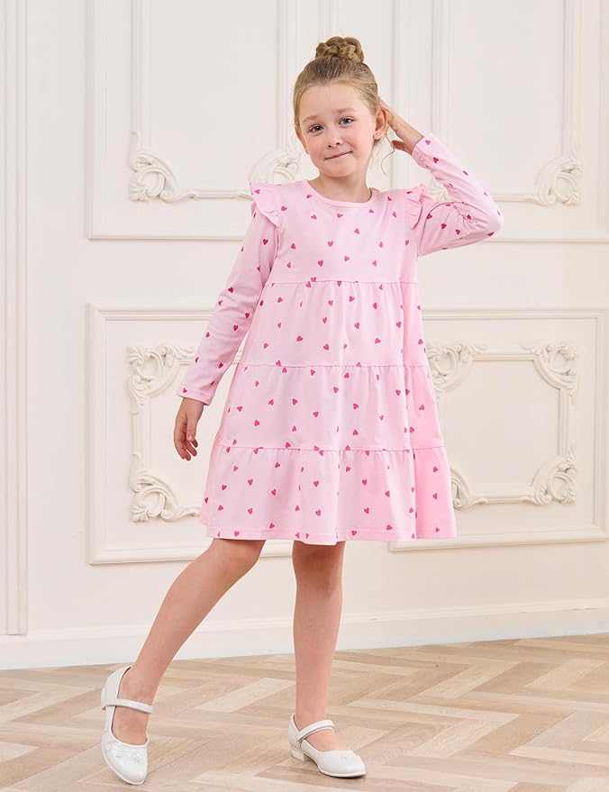 Bumeex Girl's Dresses Cotton Ruffle Sleeve Tiered Swing A-Line Cute Midi Casual Sundress