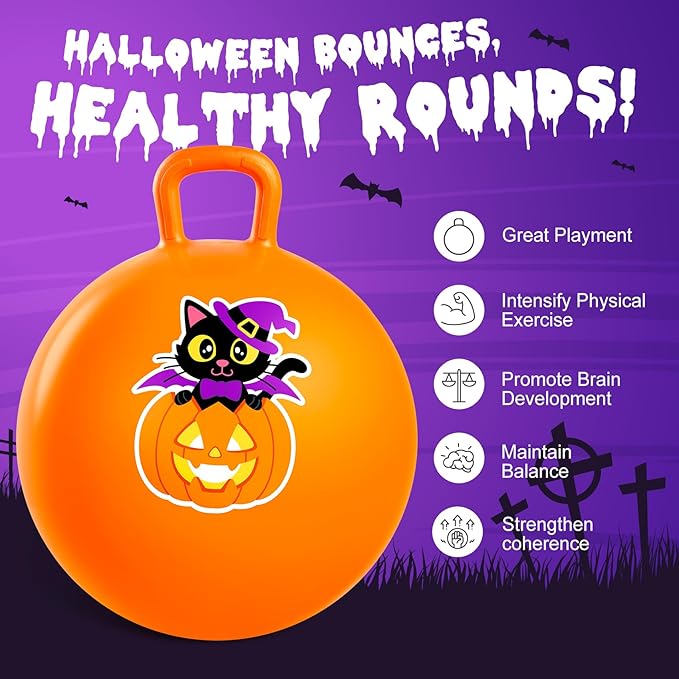 PlayZap Hopper Balls for Kids 3-8, Halloween Toys Orange 18 Inches Bouncy Ball with Handle, Pumpkin Inflatable Bouncing Jumping, Hippity Hop Toys Girls Boys Gifts
