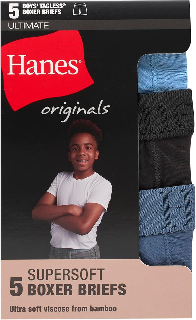 Hanes Ultimate Hanes Originals Ultimate Supersoft Boys' Boxer Brief Underwear, Assorted, 5-Pack