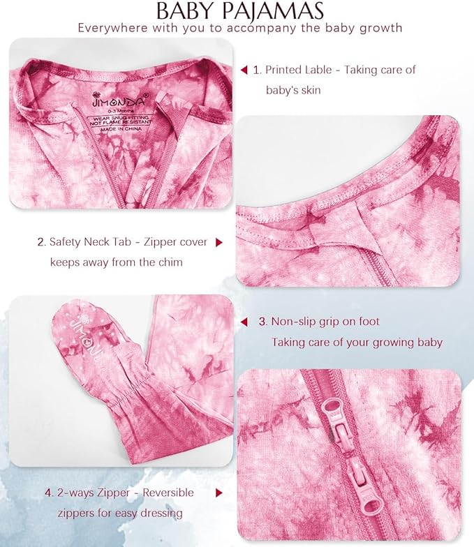 Jimonda Baby Girls Boys Footed Pajamas,Rayon From Bamboo,2 Way Zipper Long Sleeve Soft Sleeper Pjs,Infant Tie-dye Romper