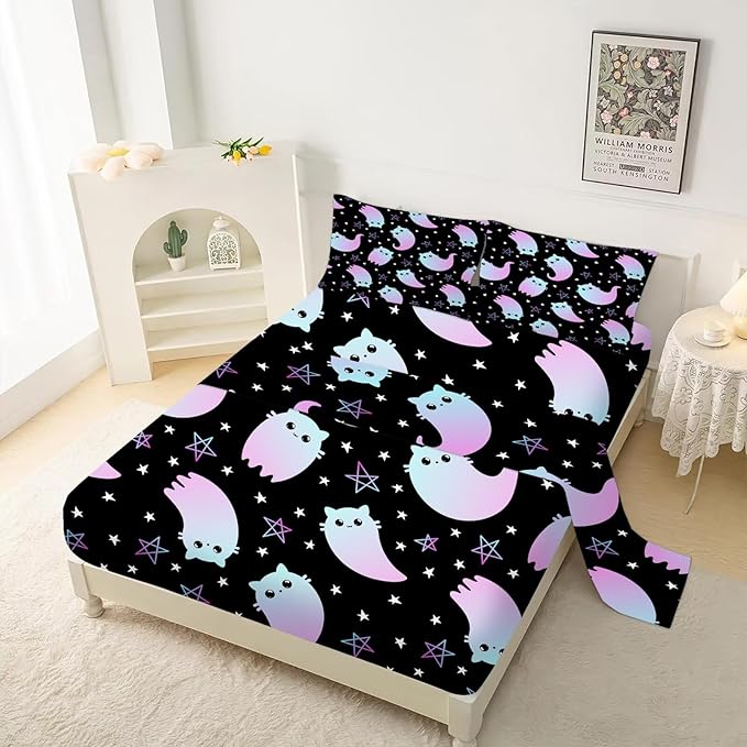 Kids Bedding Cute Ghost Cat Sheet Set Twin Size 3Pcs Kawaii Gradient Cat Bed Sets with 1 Fitted Sheet 1 Flat Sheet 1 Pillowcases for Kids Boys Girls Adults Teens, Black