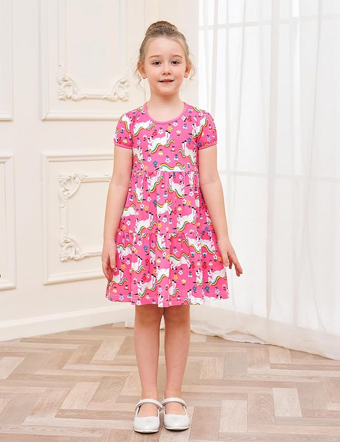 Bumeex Girl's Dresses Cotton Ruffle Sleeve Tiered Swing A-Line Cute Midi Casual Sundress