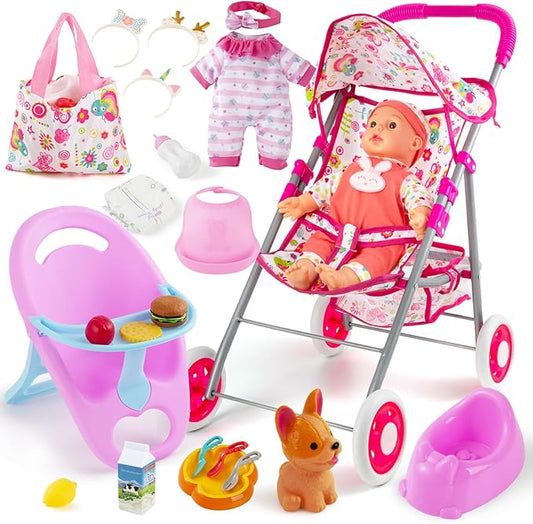 Baby Doll Stroller Toys Set with 12.5" Doll for 3-7 Girls, Foldable Stroller, Dining Chair, Accessories & 1 Outfits,Pretend Play Baby Doll Toys for Girls Ages 3-7