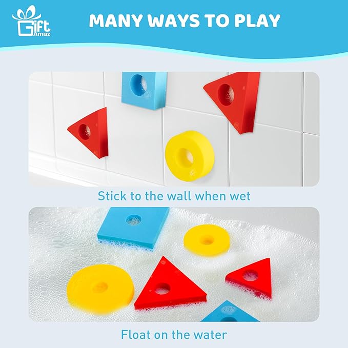 3-in-1 Bath Toys for Toddlers 1-3, Mold Free Foam Sorting & Stacking Sensory Toys - Suction Cup, Shape Color Size Learning Water Toy, Montessori Baby Bathtub Wall Toy for Kids Ages 1-3 2-4