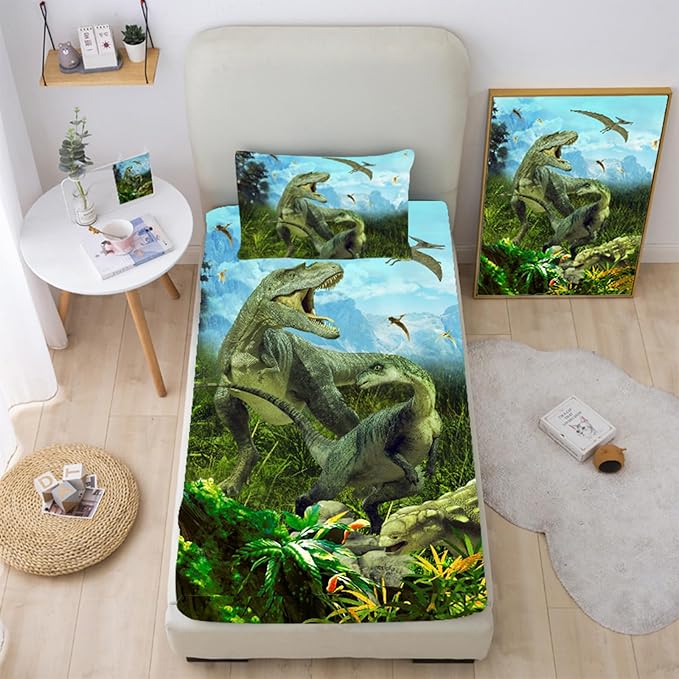 Dinosaurs Twin Bed Sheet Set, 3D Realistic Ancient Jungle Dinosaur Fitted Sheet, Soft Microfiber Bedding Sheets (Green)
