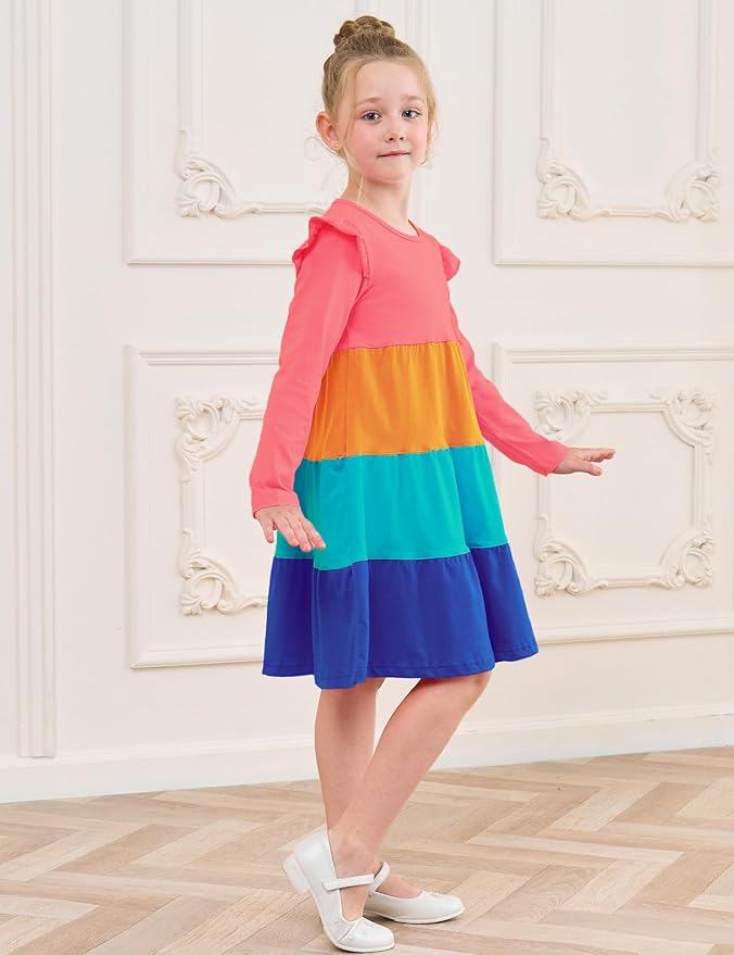 Bumeex Girl's Dresses Cotton Ruffle Sleeve Tiered Swing A-Line Cute Midi Casual Sundress
