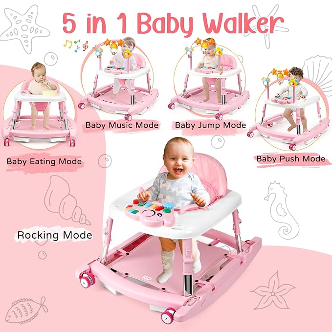 5-in-1 Music and Lights Baby Walker Foldable with 5 Adjustable Heights, Baby Walker with Wheels and Bouncer Combo Portable, Infant Toddler Walker for Baby Boy Girls 6-18 Months