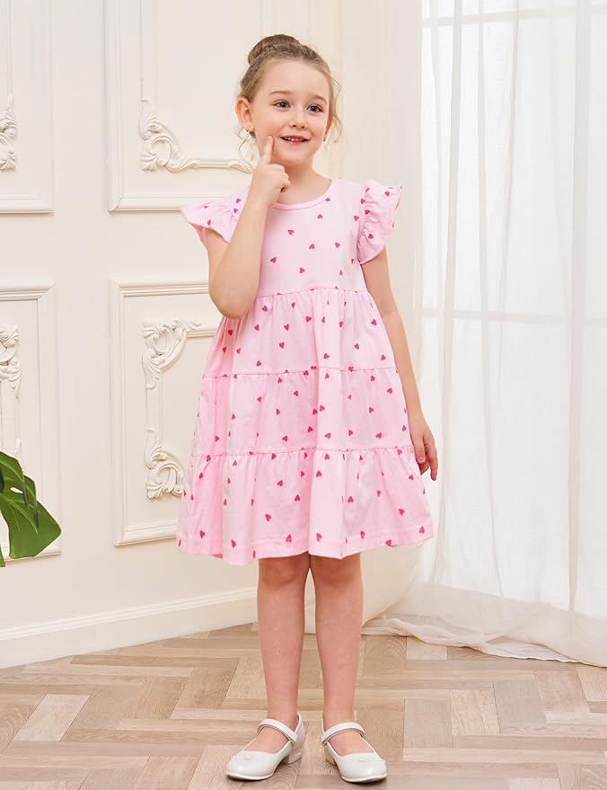 Bumeex Girl's Dresses Cotton Ruffle Sleeve Tiered Swing A-Line Cute Midi Casual Sundress