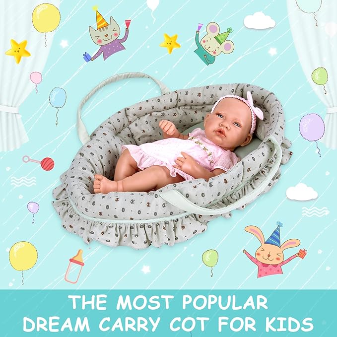 Doll Carry Cot Set, Sweet Dreams Soft Bassinet Doll Carrier Includes 1 Cot and 1 Pillow, Grayish Green Bear Doll Bassinet, Fits for 18 Inch American Girl Dolls