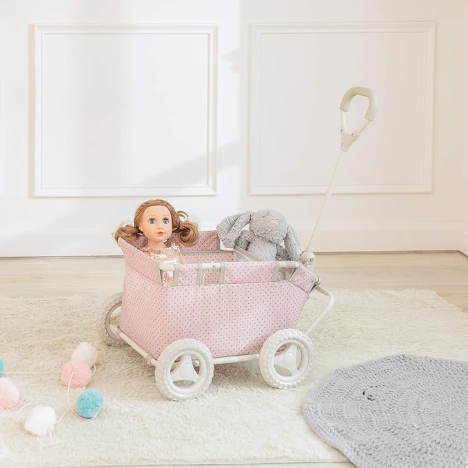 Olivia's Little World - Polka Dots Folding Princess Baby Doll Wagon, Toy Storage Wagon, Doll Furniture, Pink Polka Dots