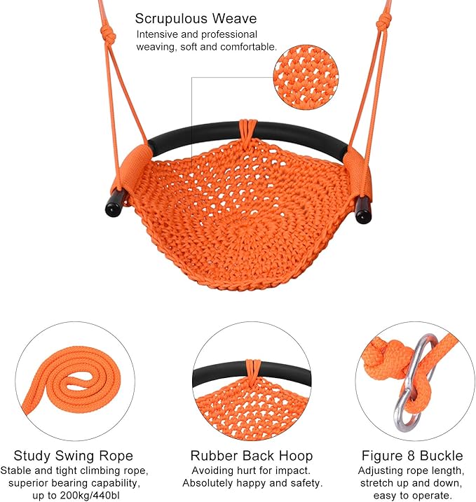 JKsmart Swing Seat for Kids Heavy Duty Rope Play Secure Children Swing Set,Perfect for Indoor,Outdoor,Playground,Home,Tree,with Snap Hooks and Swing Straps,440 lbs Capacity,Orange