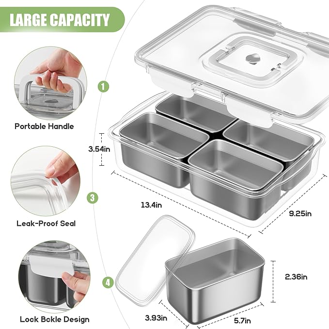 Snackle Box Container, Stainless Steel Divided Serving Tray with Handle and Lid,4 Compartment Leakproof Portable BPA-Free Snack Box For Fruits&Veggies, Keep Food Fresh & Organized, Ideal for Outdoor