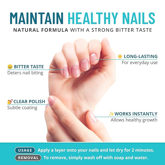 Stop Nail Biting Treatment - Clear, Bitter-Tasting Nail Polish To Stop Nail-Biting - Easy To Apply and Safe For Children - Nail Strengthener Solution - Nail Care for Healthy Nail Growth (0.5 fl oz)