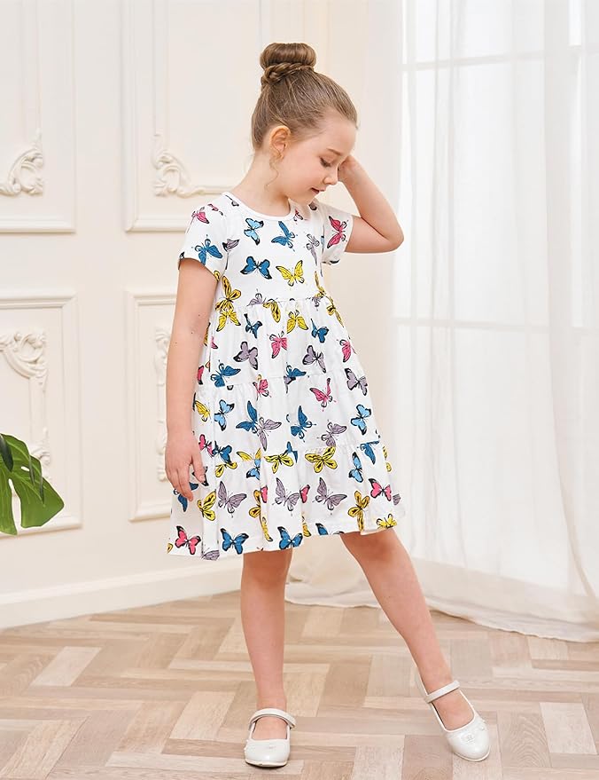 Bumeex Girl's Dresses Cotton Ruffle Sleeve Tiered Swing A-Line Cute Midi Casual Sundress