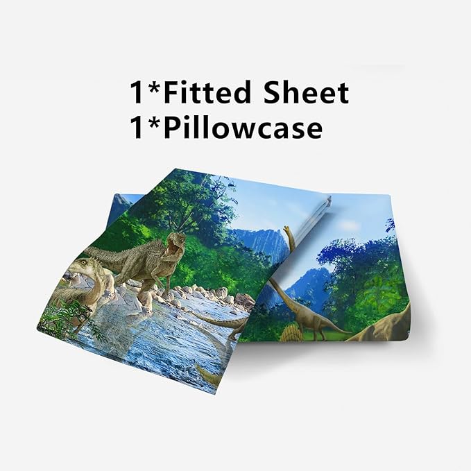 Dinosaurs Twin Fitted Sheet 2Pcs Twin Sheets Set Kids 3D Realistic Dinosaur Fitted Sheets Set Ancient Jungle Dinosaur Bed Sheet Kids Soft Microfiber Bedding Sheets Set