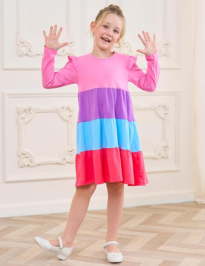 Bumeex Girl's Dresses Cotton Ruffle Sleeve Tiered Swing A-Line Cute Midi Casual Sundress