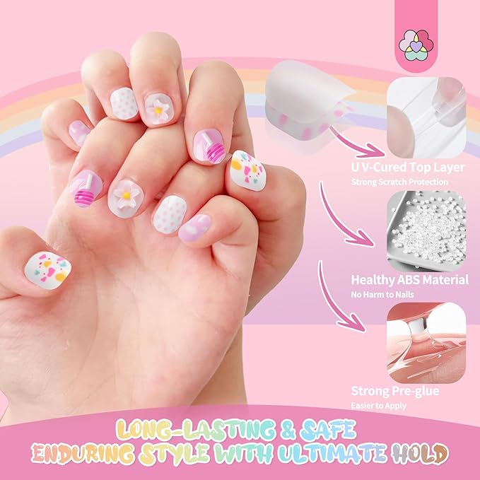 SAVILAND 3D Press on Nails for Kids: 7 Pack Kids Press on Nails for 5-9 Years Pre Glue Full Cover Short Kids Fake Nails Stick On Children Artificial False Nail Tips Fingernails Christmas Gifts for Kid