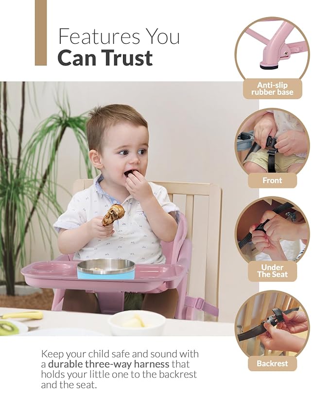 Feed Me 3-in-1 Travel High Chair Booster Seat for Infants and Toddlers - Transitional, Compact & Fits Any Chair, Swivel Tray, Rose Tea