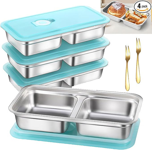 Antenat Reusable Stainless Steel Snack Containers with Lids (4PCS) –Double Compartment, Leak-Proof Food Containers with 2 Forks, Portable for Travel, Camping, Office Lunch, Takeout, Picnic & Dessert