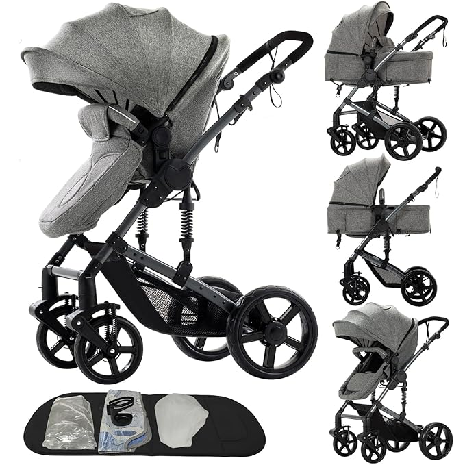 2 in 1 Baby Stroller Convertible Reversible Standard Pram Portable Pushchair Infant Buggy Baby Carriage Foldable High Landscape Pram for Toddler Newborn (2US588-GREY)