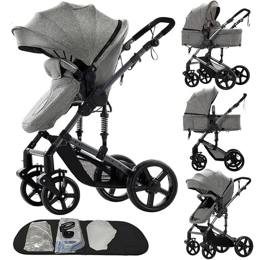 2 in 1 Baby Stroller Convertible Reversible Standard Pram Portable Pushchair Infant Buggy Baby Carriage Foldable High Landscape Pram for Toddler Newborn (2US588-GREY)
