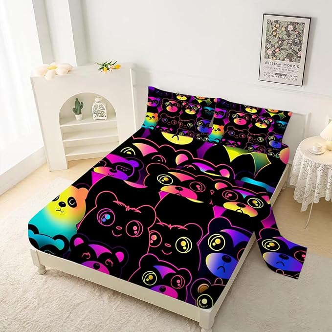 Lesser Panda Sheets Set Twin for Girls Boys Black Cartoon Lesser Panda Bedding Set for Kids Room Decor Cute Kids Bed Set with 1 Fitted Sheet, 1 Flat Sheet and 1 Pillowcase