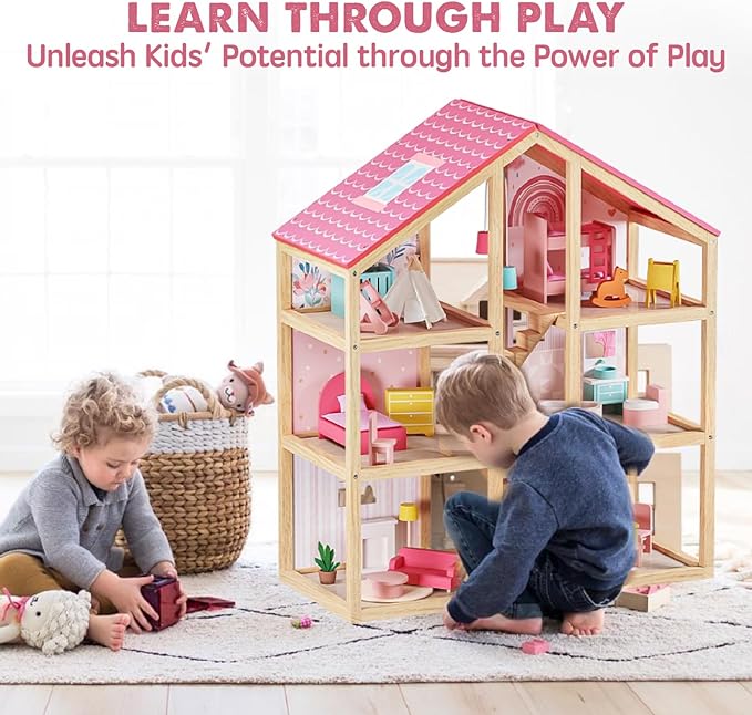 Tiny Land Wooden Dollhouse for Girls - 6 Rooms Wooden Doll House, DIY Pretend Doll House with 31Pcs Furniture Accessories, Creative Gift for Girl Ages 3+