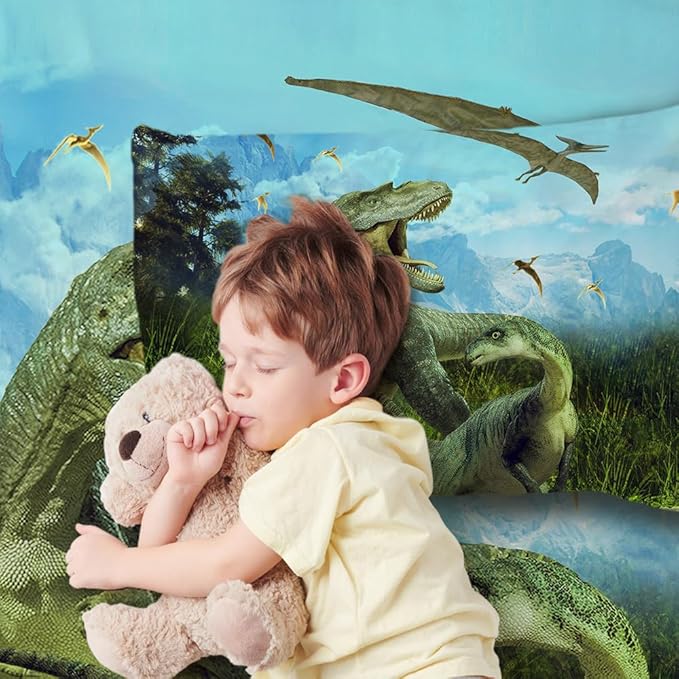 Dinosaurs Twin Bed Sheet Set, 3D Realistic Ancient Jungle Dinosaur Fitted Sheet, Soft Microfiber Bedding Sheets (Green)