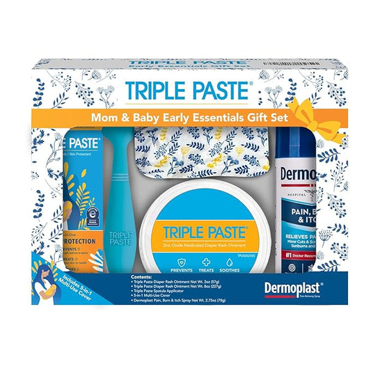 Triple Paste Mom & Baby Early Essentials Gift Set with 5 Items, Diaper Rash Ointment 8oz Jar & 2oz Tube, Spatula Applicator, Dermoplast Spray, and Multi-Use Cover, Shower Gifts for Moms