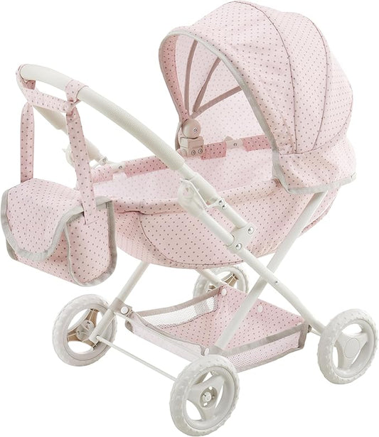 Olivia's Little World Polka Dot Princess Baby Doll Pram Stroller with Retractable Canopy & Storage, Pink
