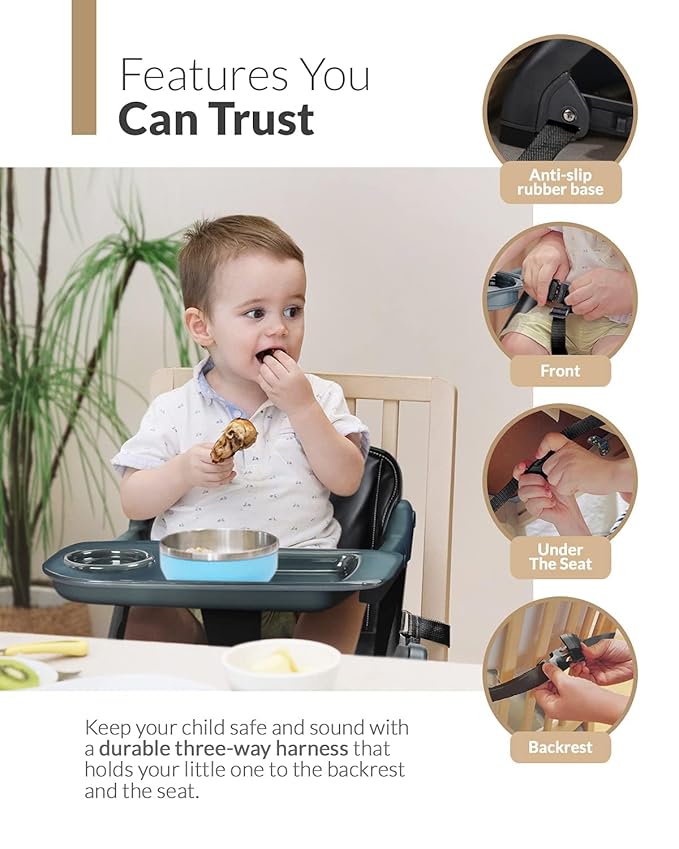 Feed Me 3-in-1 Travel High Chair Booster Seat for Infants and Toddlers - Transitional, Compact & Fits Any Chair, Swivel Tray, Bubble Black