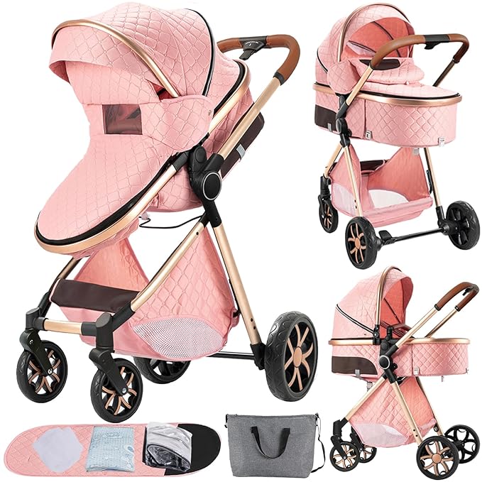 2 in 1 Baby Stroller Convertible Reversible Standard Pram Portable Pushchair Infant Buggy Baby Carriage Foldable High Landscape Pram for Toddler Newborn (225 Pink)