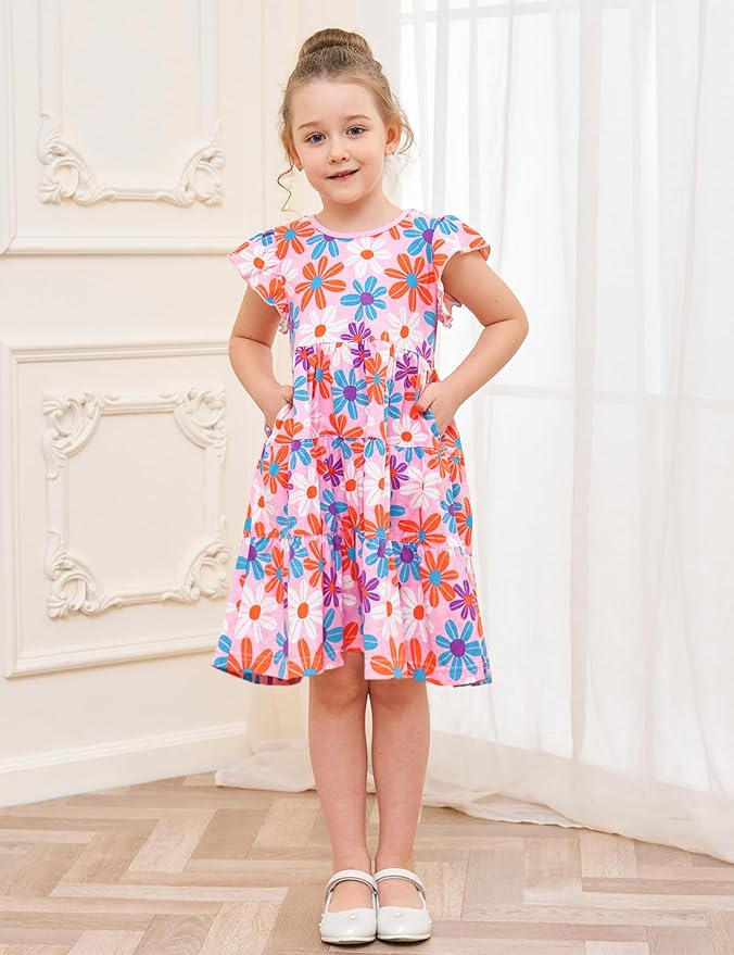 Bumeex Girl's Dresses Cotton Ruffle Sleeve Tiered Swing A-Line Cute Midi Casual Sundress