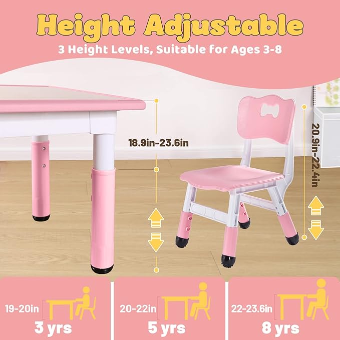 FUNLIO Kids Table and 2 Chairs Set for Ages 3-8, Height Adjustable Toddler Table and Chair Set, Easy to Wipe Arts & Crafts Table, for Classrooms/Daycares/Homes, CPC & CE Approved (3pcs Set) - Pink