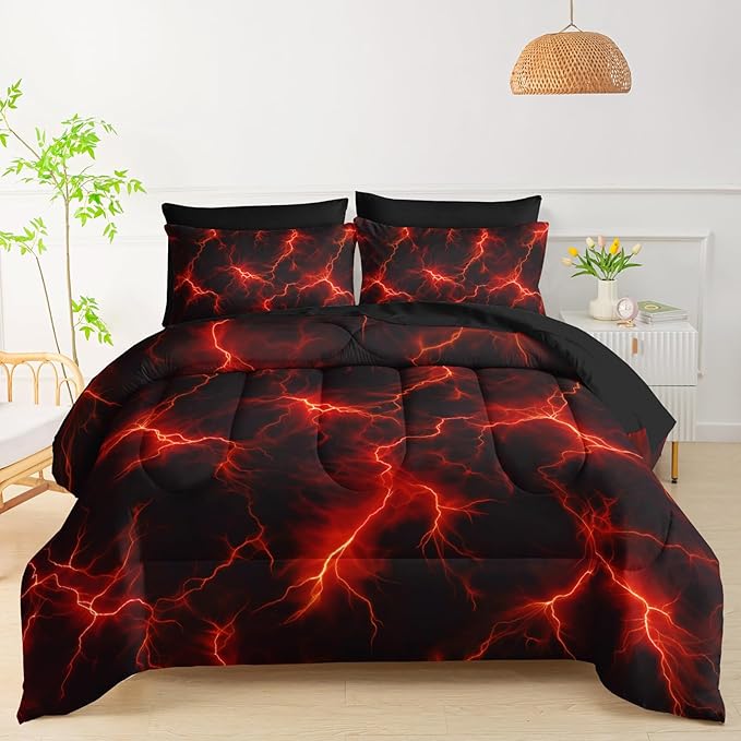 QOOMO Red Lighting 7 Pieces Comforter Set Twin Size,Starry Sky Bedding Set for Kids Teens Boys-Include 1 Comforter,1 Fitted Sheet,1 Flat Sheet,2 Printing Pillowcases and 2 Black Pillowcases
