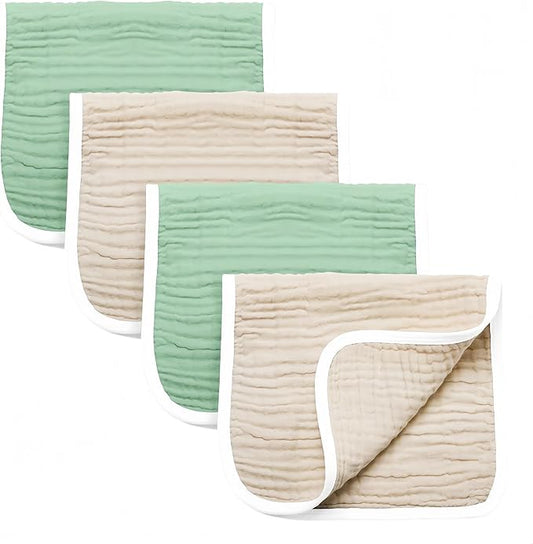 Synrroe Burp Cloths Large, Muslin Burp Cloths for Baby Girls and Boys, Pack of 4 Extra Absorbent and Soft Muslin, 6 Layers 20 by 10 Inches 100% Cotton (Brown-Green 4 Pack)