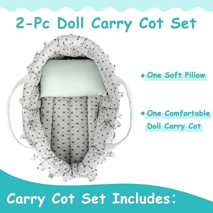 Doll Carry Cot Set, Sweet Dreams Soft Bassinet Doll Carrier Includes 1 Cot and 1 Pillow, Grayish Green Bear Doll Bassinet, Fits for 18 Inch American Girl Dolls