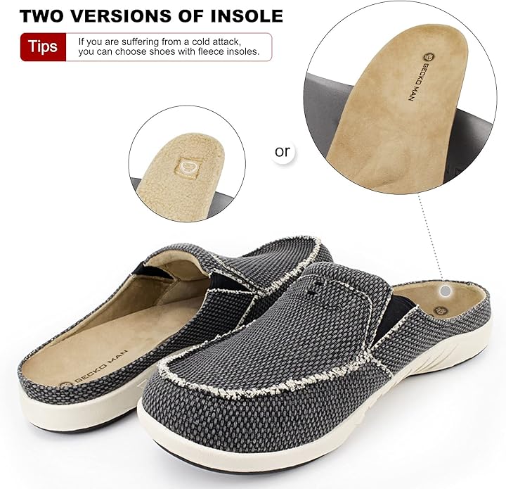 Mens Slippers with Arch Support, Canvas House Slipper for Men with Velvet Lining, Slip On Clog, Indoor Outdoor House Shoes with Anti-Skid Rubber Sole