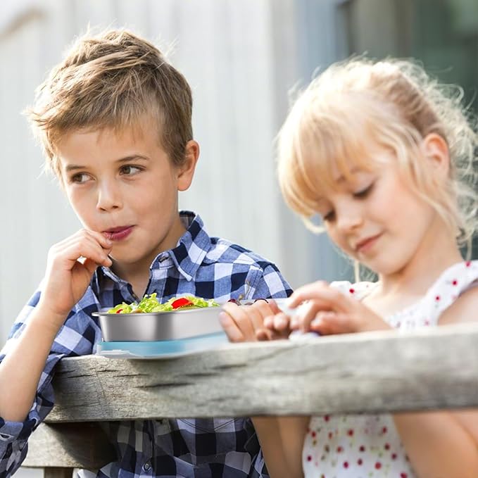 Stainless Steel Snack Containers for Kids Adults, 4 Pack 3 Compartment Metal Snack Containers Box with Lid, Reusable Food Storage Container, Leak Proof, Grab and Go, Blue