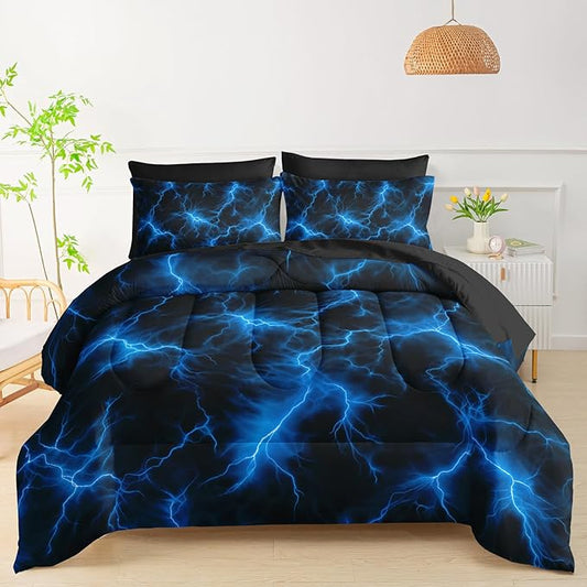 QOOMO Blue Lighting 7 Pieces Comforter Set Full Size,Lighting Bedding Set for Kids-Include 1 Comforter,1 Fitted Sheet,1 Flat Sheet,2 Printing Pillowcases and 2 Black Pillowcases
