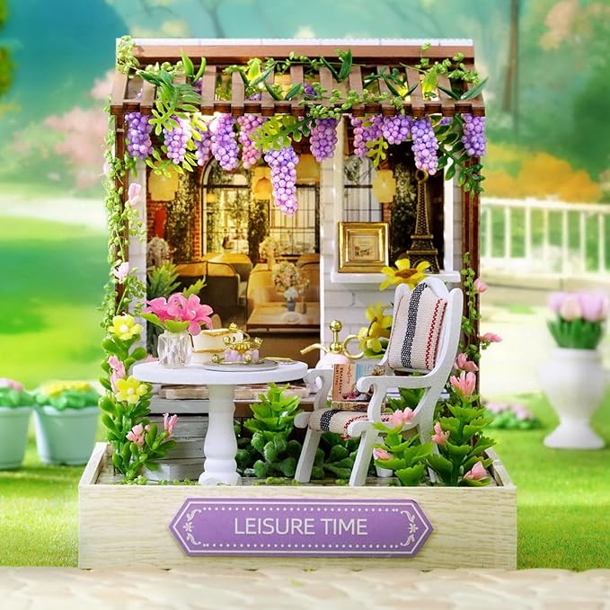 TuKIIE DIY Miniature Dollhouse Kit with Furniture, 1:24 Scale Creative Room Mini Wooden Doll House Plus Dust Proof for Kids Teens Adults(Leisure Time)
