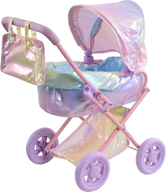 Olivia's Little World Baby Doll Stroller, 2-in-1 Doll Pram Buggy for Girls Age 3+, Fits up to 18” Dolls, Baby Stroller for Dolls, Stroller Toy for Kids, Iridescent